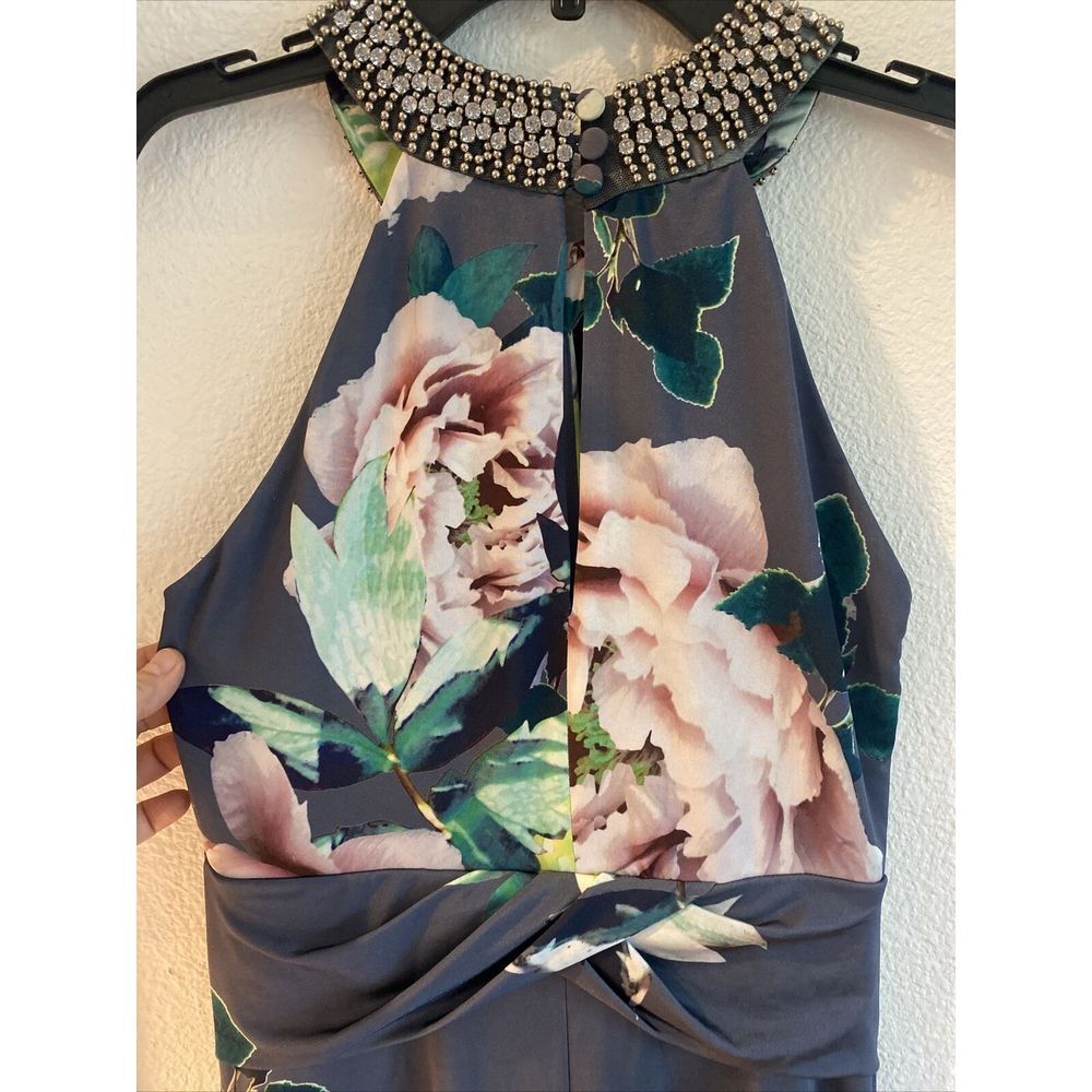 Women's Debut Gray Floral Neck Cross Rhinestone Dress Sz 6 US Or 10 London‎ - Picture 10 of 14